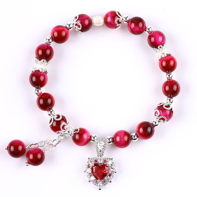 8mm Round Stone Rose Red Tiger's Eye Beaded Stretch Bracelet