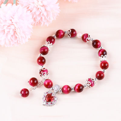 8mm Round Stone Rose Red Tiger's Eye Beaded Stretch Bracelet