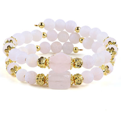 Pedra de cristal de ágata branca e temperada, cura espiritual, forma redonda, bracelete de contas de cristal de camada dupla ajustável