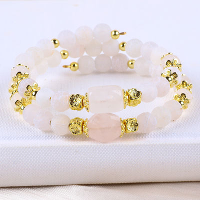 Pedra de cristal de ágata branca e temperada, cura espiritual, forma redonda, bracelete de contas de cristal de camada dupla ajustável