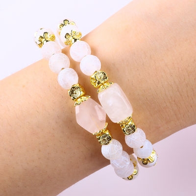 Pedra de cristal de ágata branca e temperada, cura espiritual, forma redonda, bracelete de contas de cristal de camada dupla ajustável