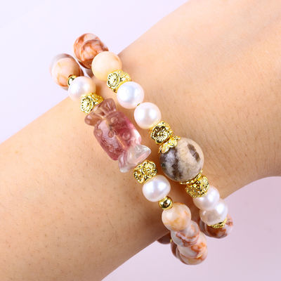 Red Network Stone Handmade Gemstone Jewelry Double Layer Regular Bead Bangle
