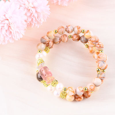 Red Network Stone Handmade Gemstone Jewelry Double Layer Regular Bead Bangle
