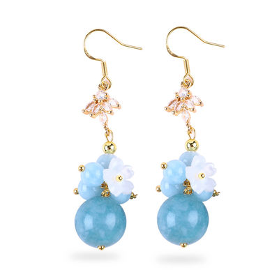 Custom DIY Cristal Aquamarinos Com Flor Branca Encanto Forma Redonda Beija-Lança Para Usar Diariamente