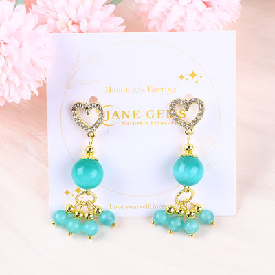 Pedra preciosa feita à mão 6MM 12MM Verde Olho de Gato Com Coração Stud Dangle Brinco Para Presentear