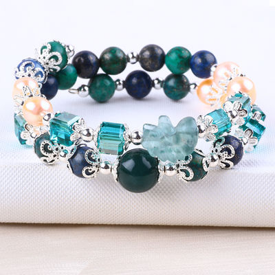 Unicórnio esculpido ajustável 2 camadas Azurite pedra cristal pulseira