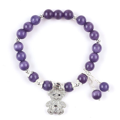 Pedra preciosa Olho de gato roxo com urso Forma redonda feita à mão Pulseira de conta de estiramento Para presente de jóias