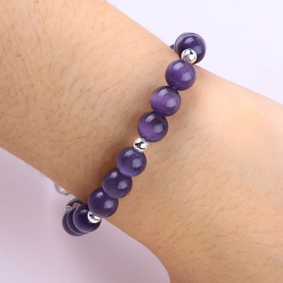 Pedra preciosa Olho de gato roxo com urso Forma redonda feita à mão Pulseira de conta de estiramento Para presente de jóias