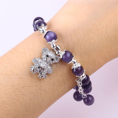 Pedra preciosa Olho de gato roxo com urso Forma redonda feita à mão Pulseira de conta de estiramento Para presente de jóias
