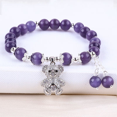 Pedra preciosa Olho de gato roxo com urso Forma redonda feita à mão Pulseira de conta de estiramento Para presente de jóias