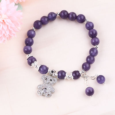 Pedra preciosa Olho de gato roxo com urso Forma redonda feita à mão Pulseira de conta de estiramento Para presente de jóias