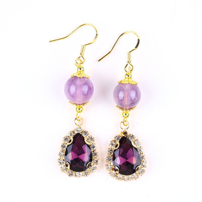 Brincos feitos à mão de pedras preciosas Amethyst Natural Pendente de contas Brincos curativos de cristal de pedra Amethyst Brincos