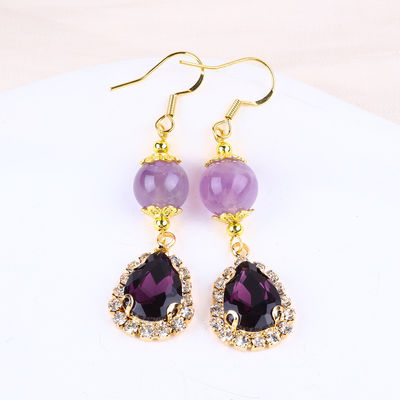 Brincos feitos à mão de pedras preciosas Amethyst Natural Pendente de contas Brincos curativos de cristal de pedra Amethyst Brincos