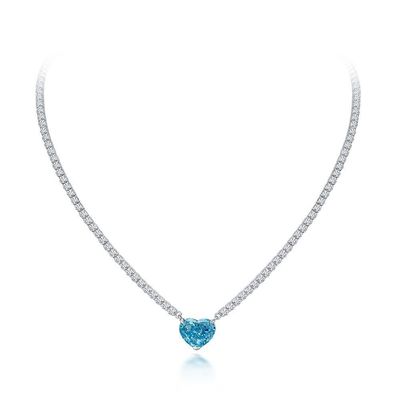 Elegante Colar de Coração Aqua Azul 925 Sterling Coração Prateado