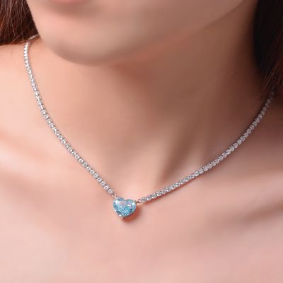 Elegante Colar de Coração Aqua Azul 925 Sterling Coração Prateado