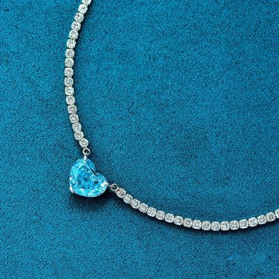 Elegante Colar de Coração Aqua Azul 925 Sterling Coração Prateado
